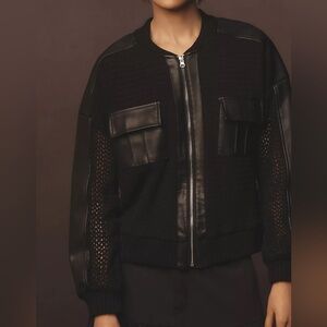 Anthropologie Crochet Faux Leather Bomber Cardigan Sweater